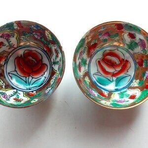 Asian Art Deco Tiny Hand Painted Bowls Ceramic 1" H 2" W Rose Design With Gold
